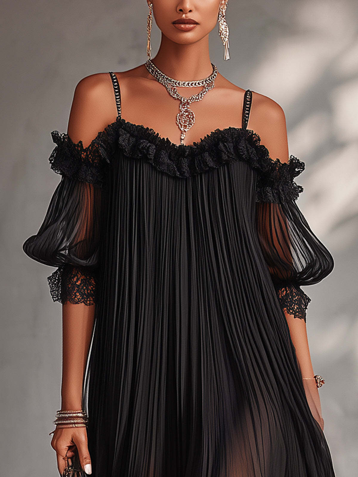Détail van de V-hals en vloeiende stof van de Céleste chiffon jurk