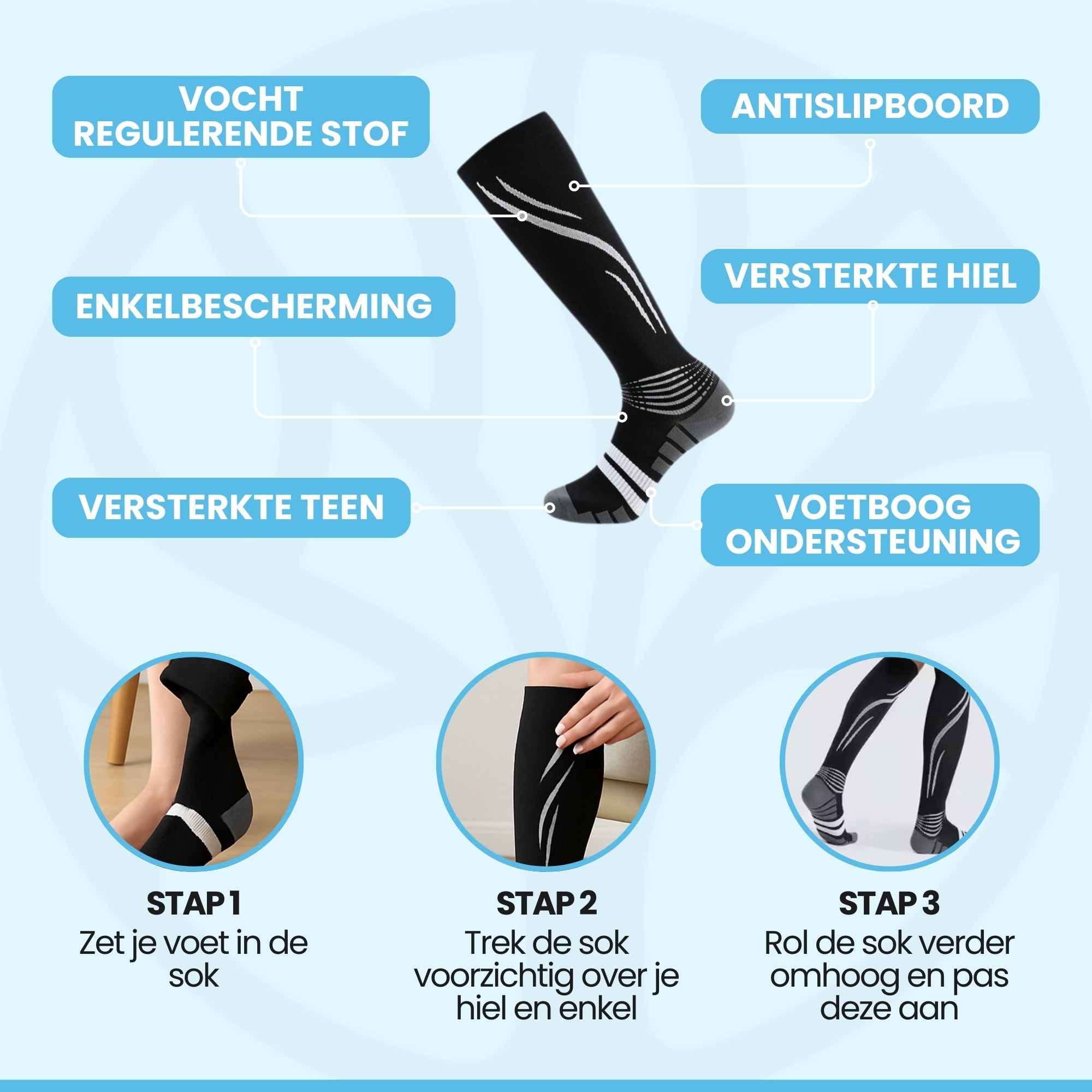 Zijaanzicht compressiesok met gerichte compressie op kuit en enkel