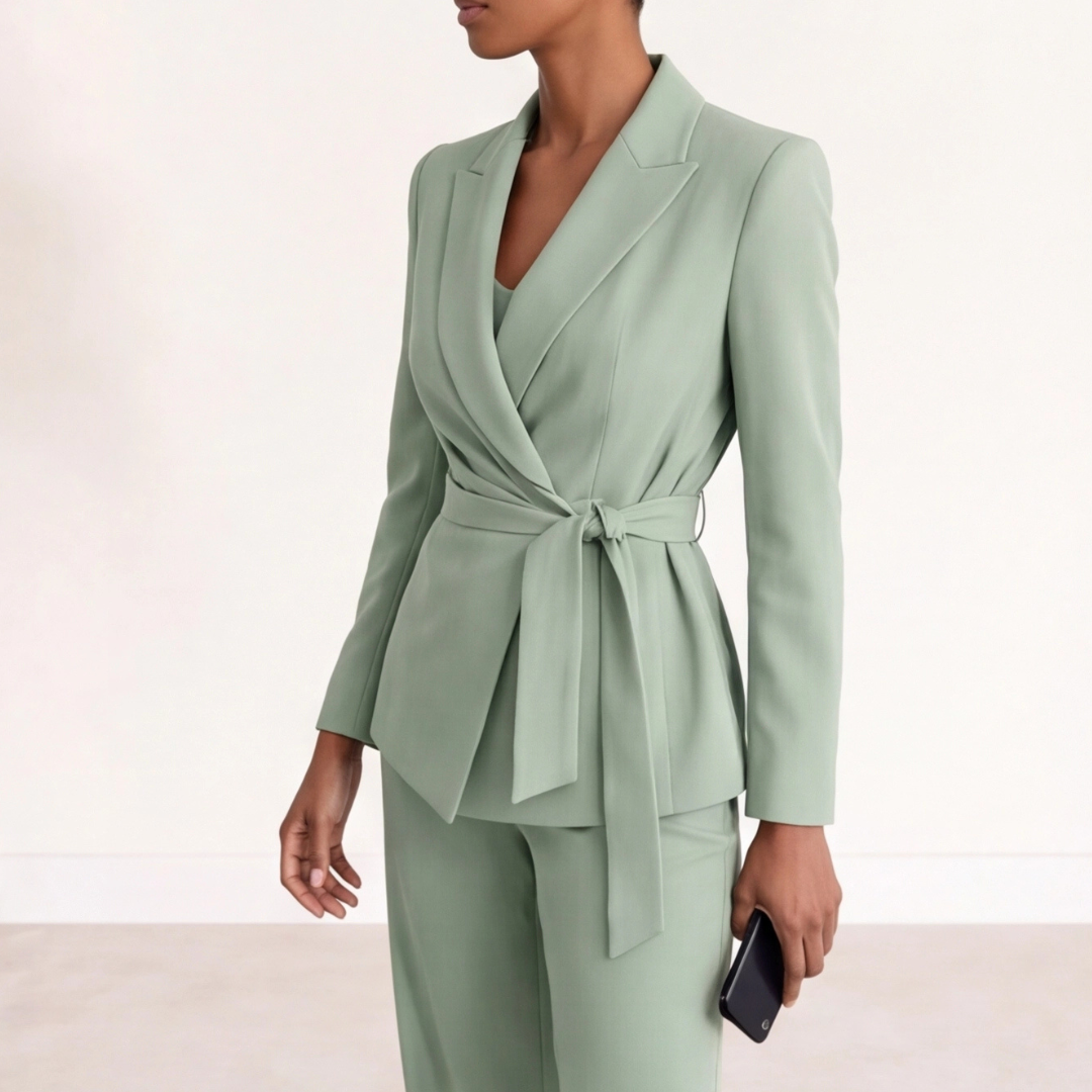 Vooraanzicht van de Nadia gekruiste blazer set voor dames in beige
