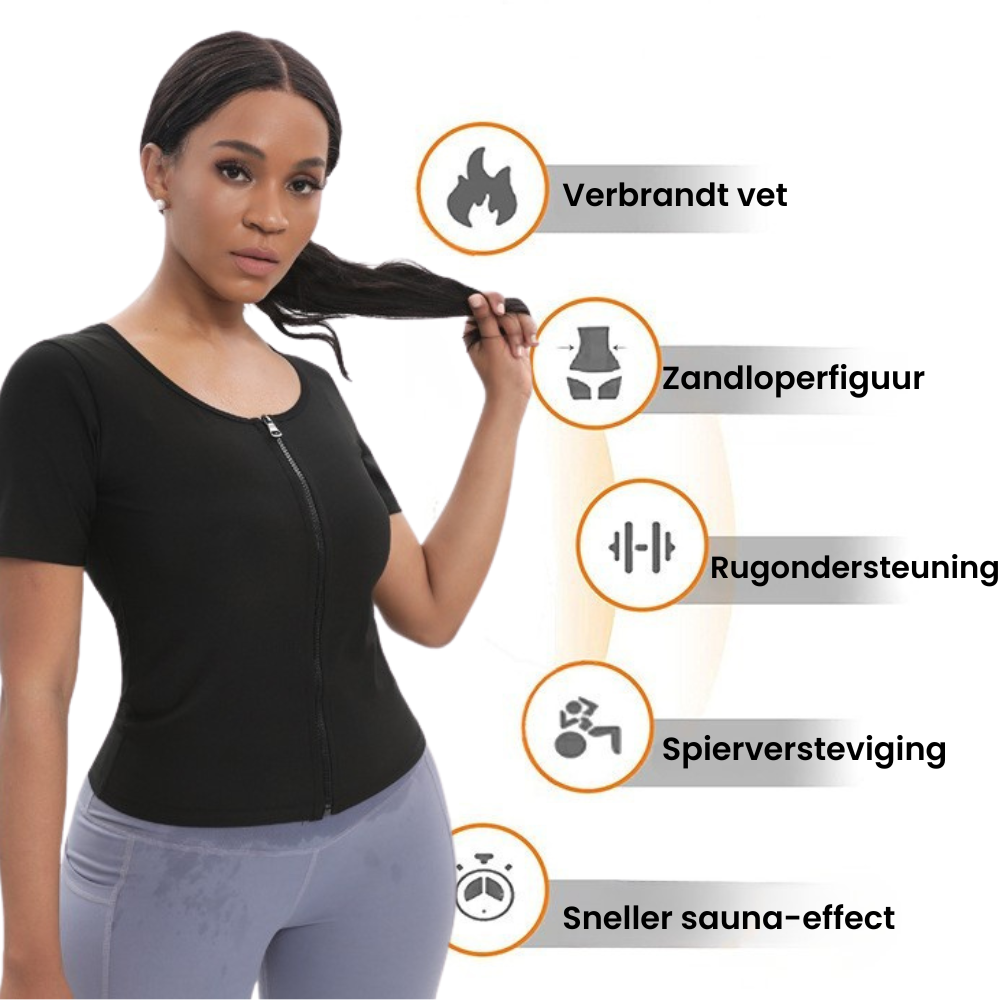 Vrouw met compressie shirt bij bureauwerk rugondersteuning