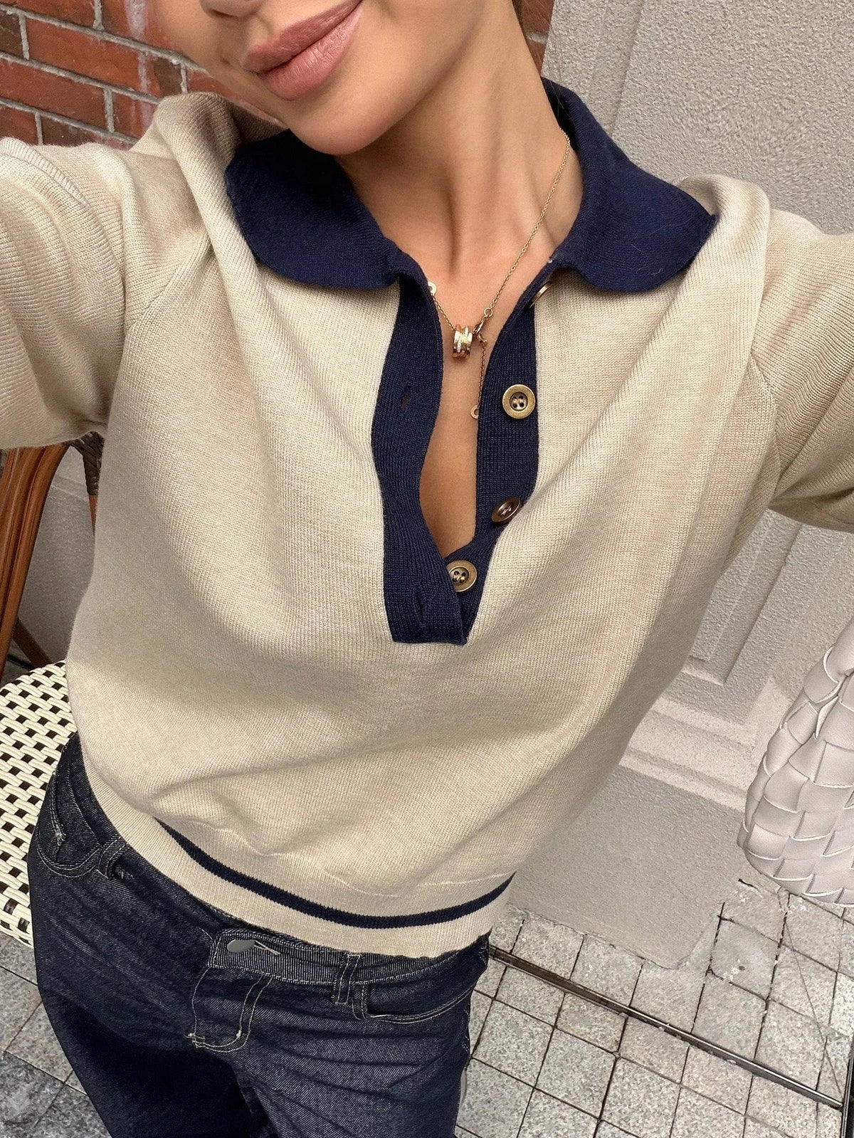 Colorblock polo top dames vooraanzicht khaki herfstlook