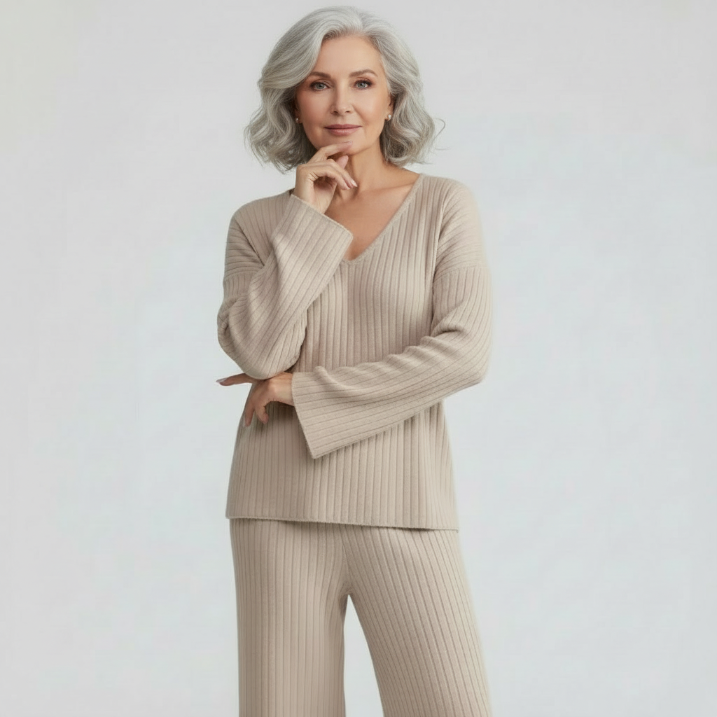 Nora dames gebreide lounge set in beige met V-hals trui en wijde ribbroek