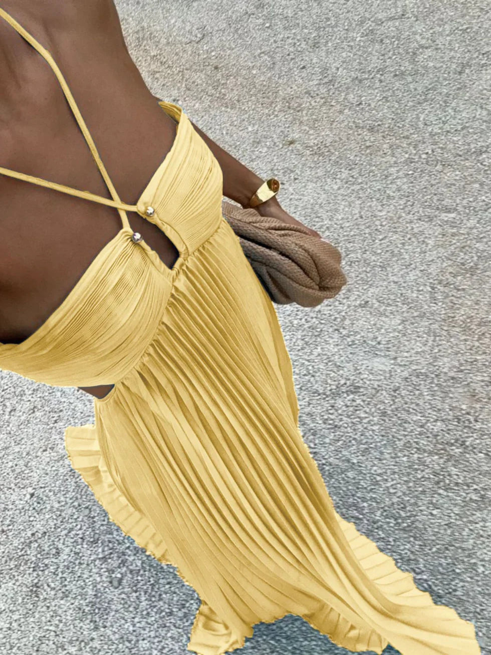 Dames geplooide maxi-jurk met halterhals en zijdelingse cut-outs