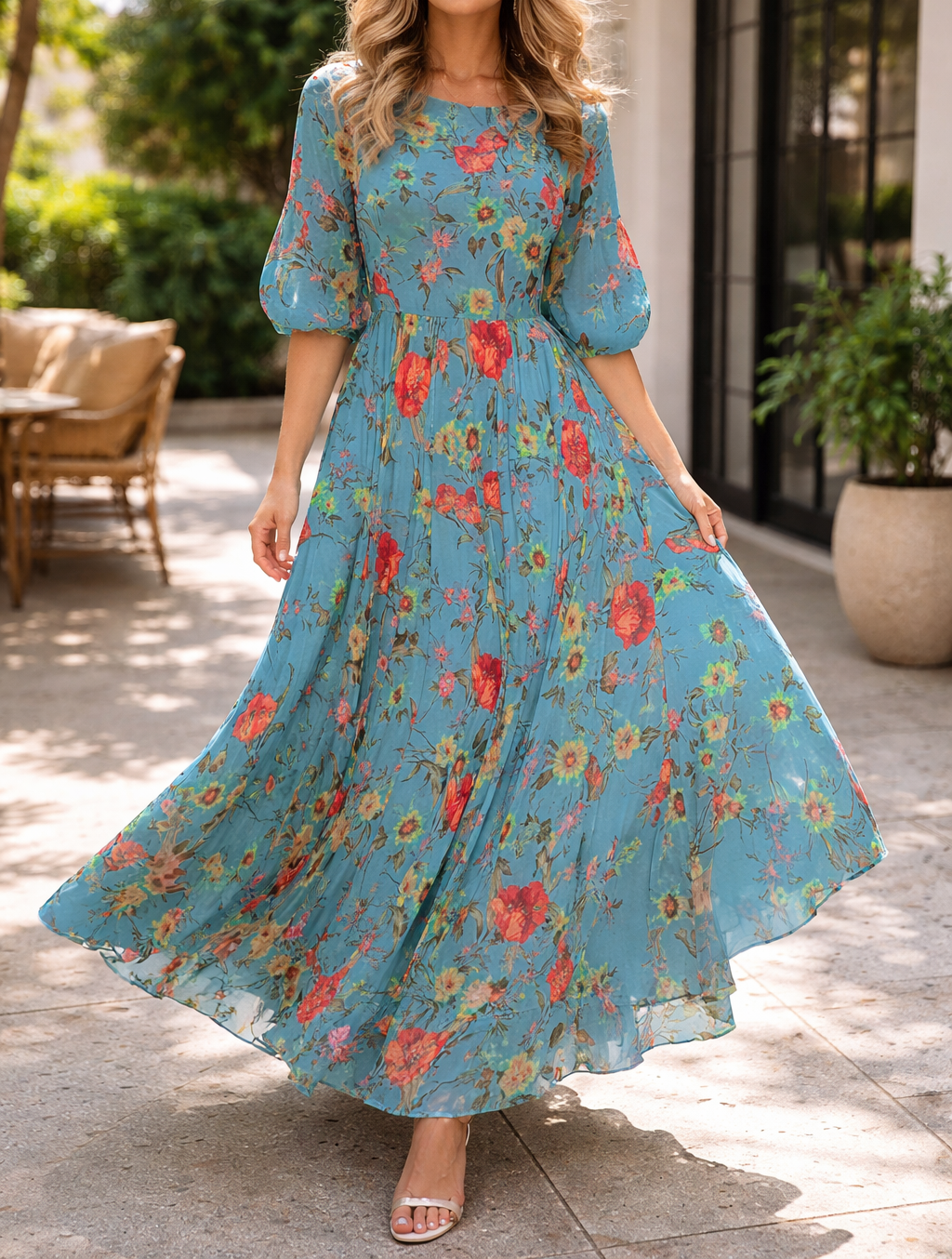 Flora dames maxi-jurk met bloemenprint en lange mouwen