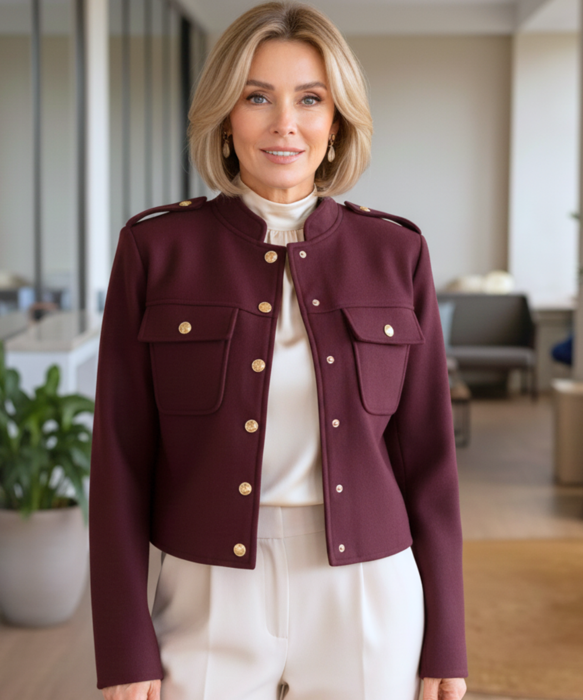 Militaire damesblazer in cognac met gouden metalen knopen - close-up