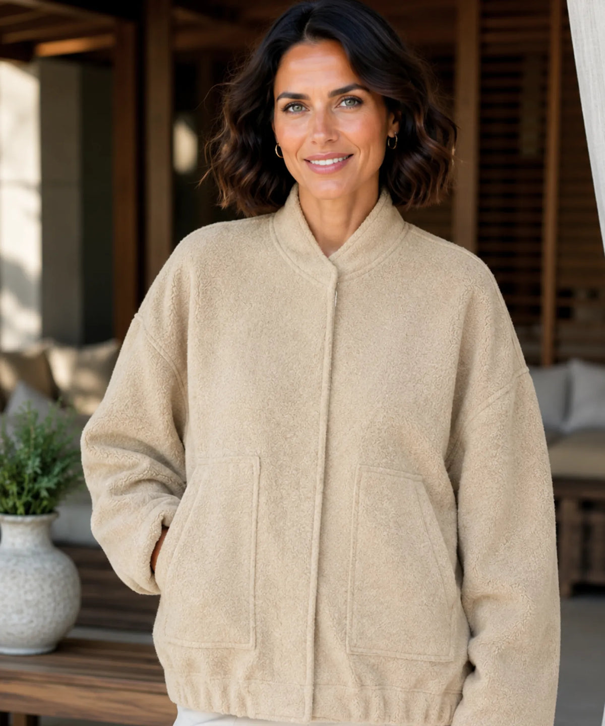 Oversized bouclé bomberjack in grijs met soepele voorrits