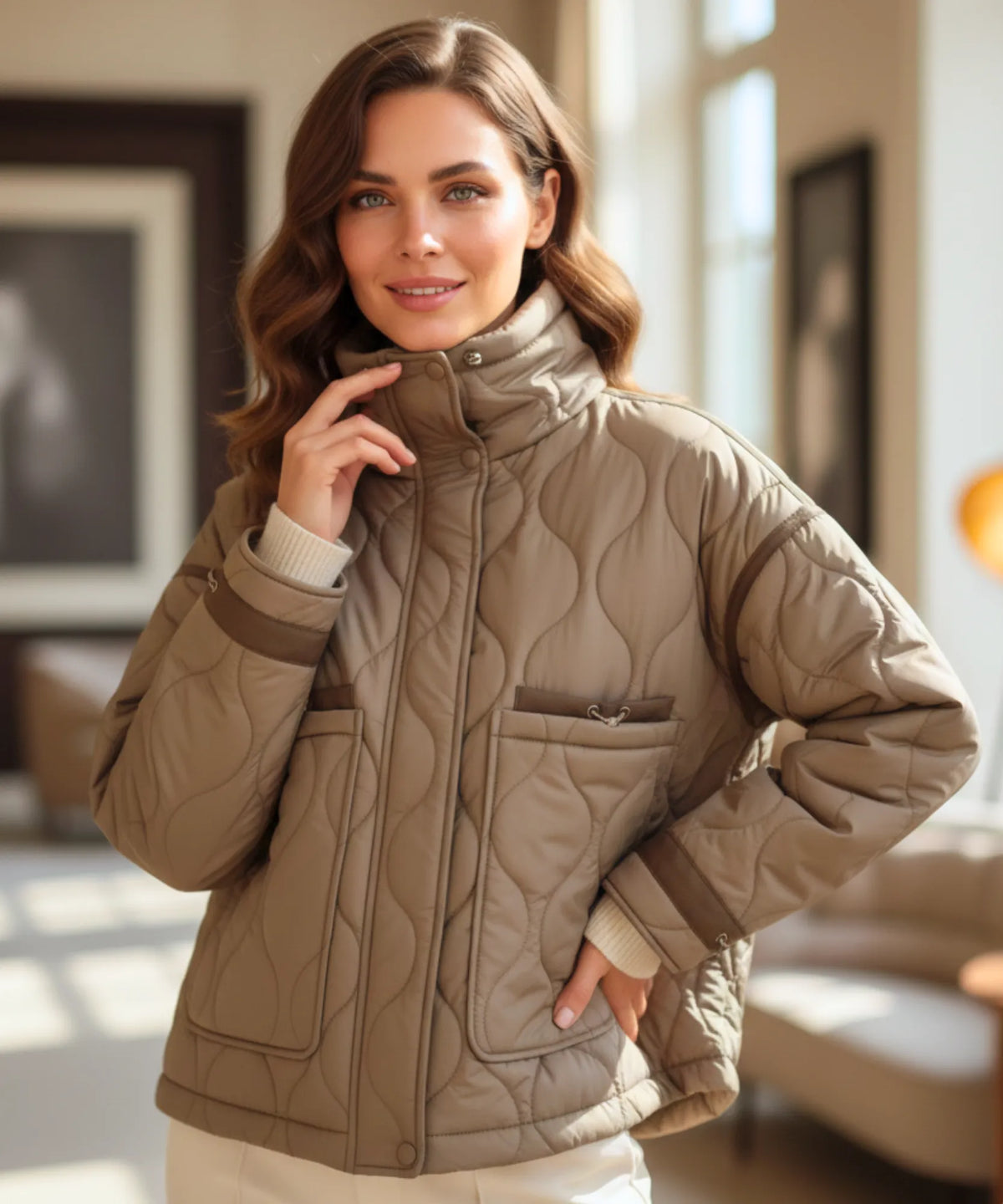 Dames oversized puffer jas in olijfgroen met geometrisch stiksel