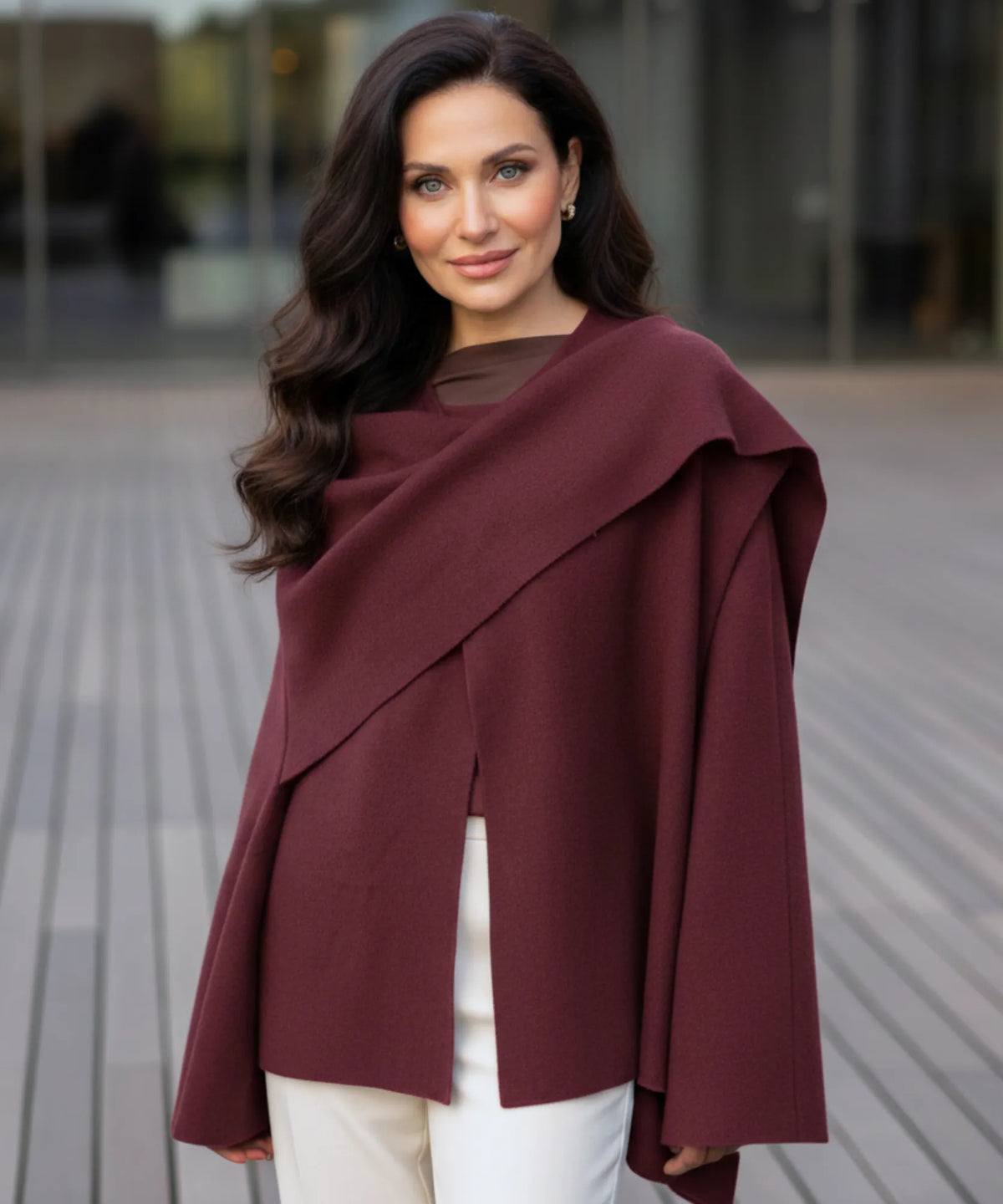 Dames wrapjas houtskoolgrijs met oversized sjaalkraag