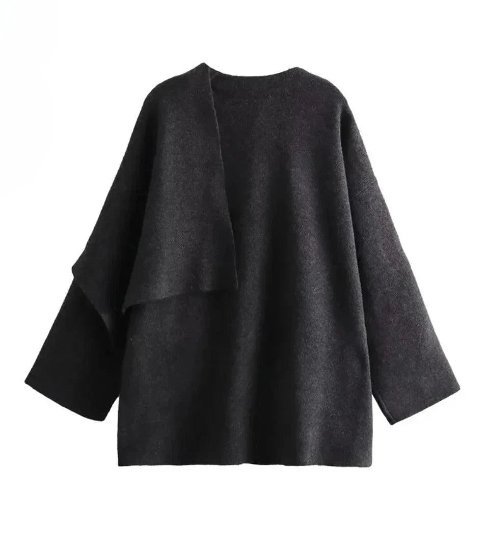 Vooraanzicht dames oversized wollen wrapjas met strikceintuur