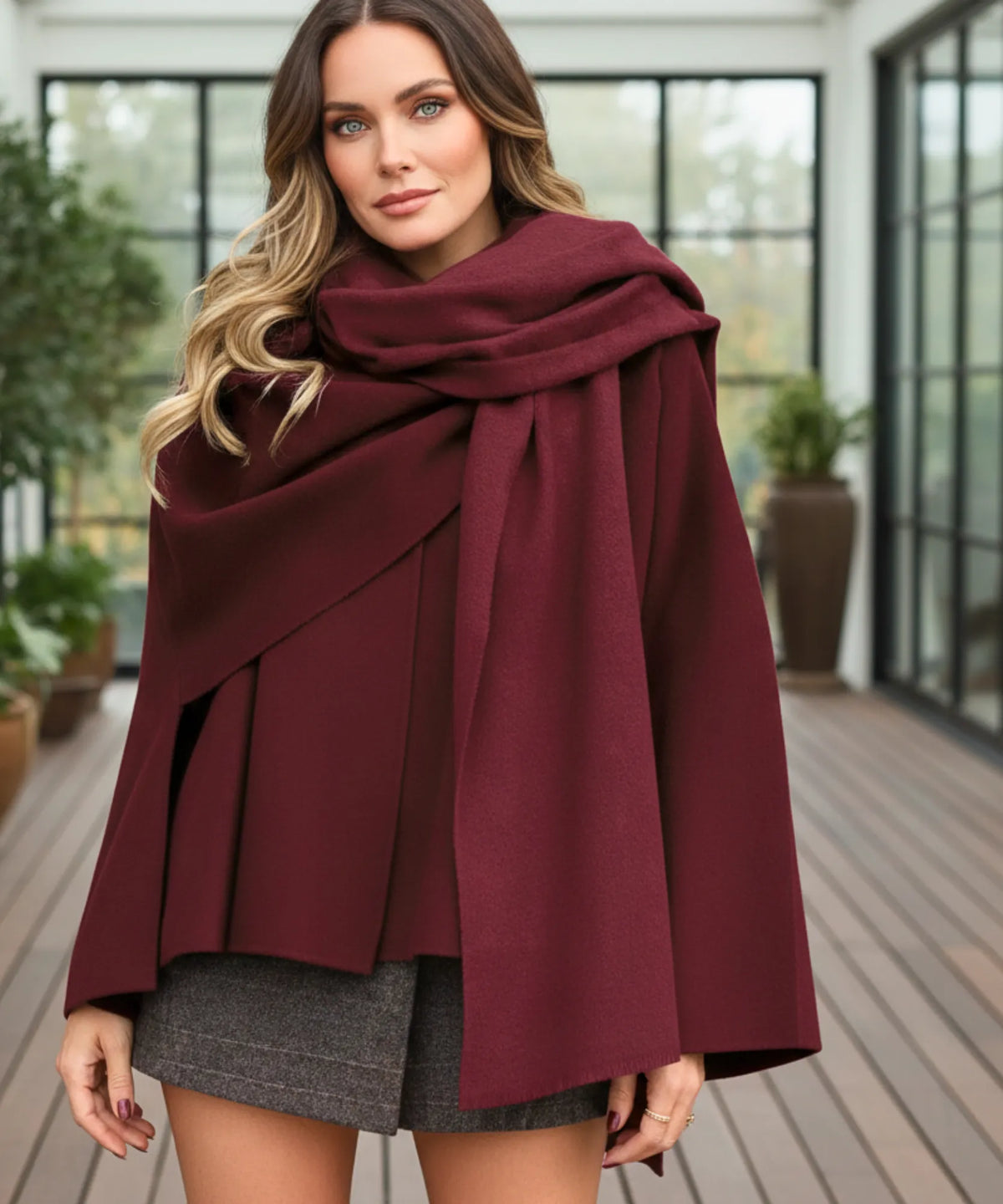 Oversized wrapjas taupe met fluweelzachte wolstructuur