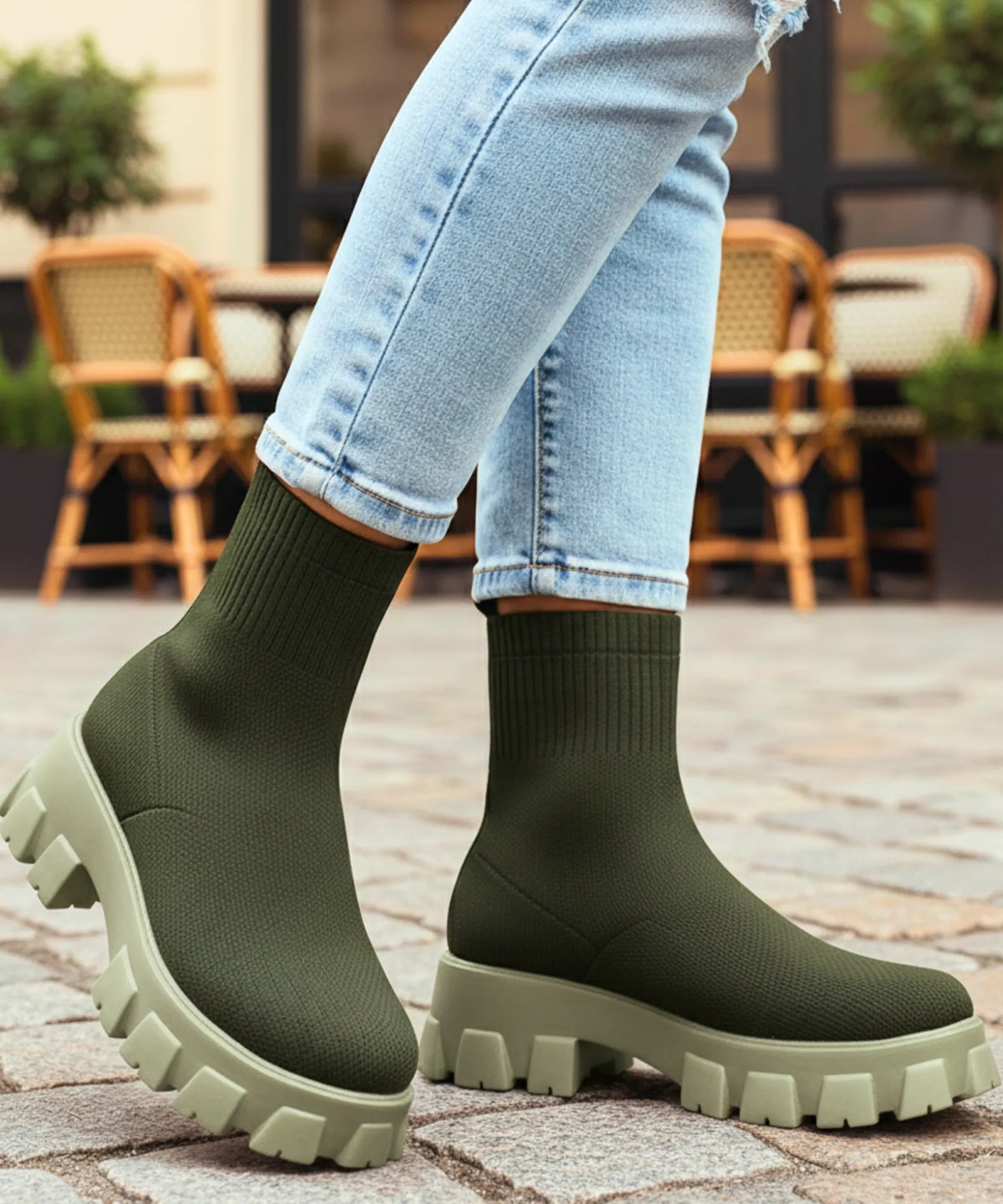 Groene stretch sok laars gecombineerd met rechte jeans