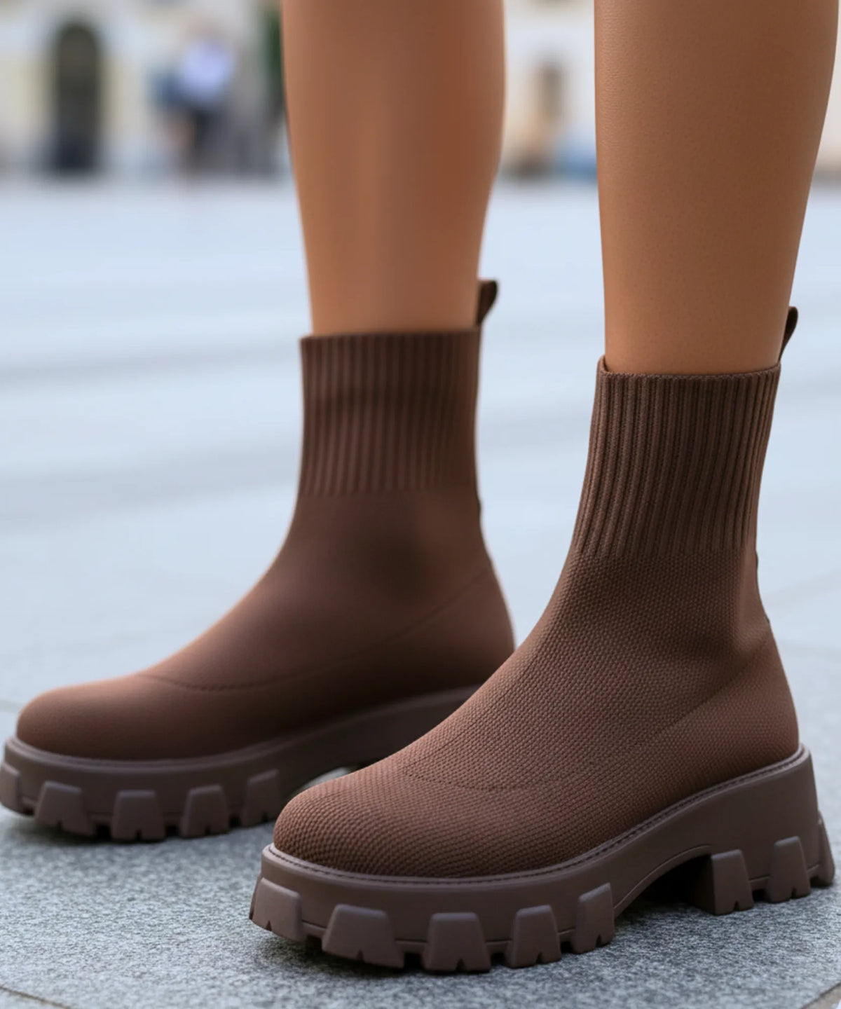 Dames stretch breisel laars op stedelijk trottoir, herfstoutfit