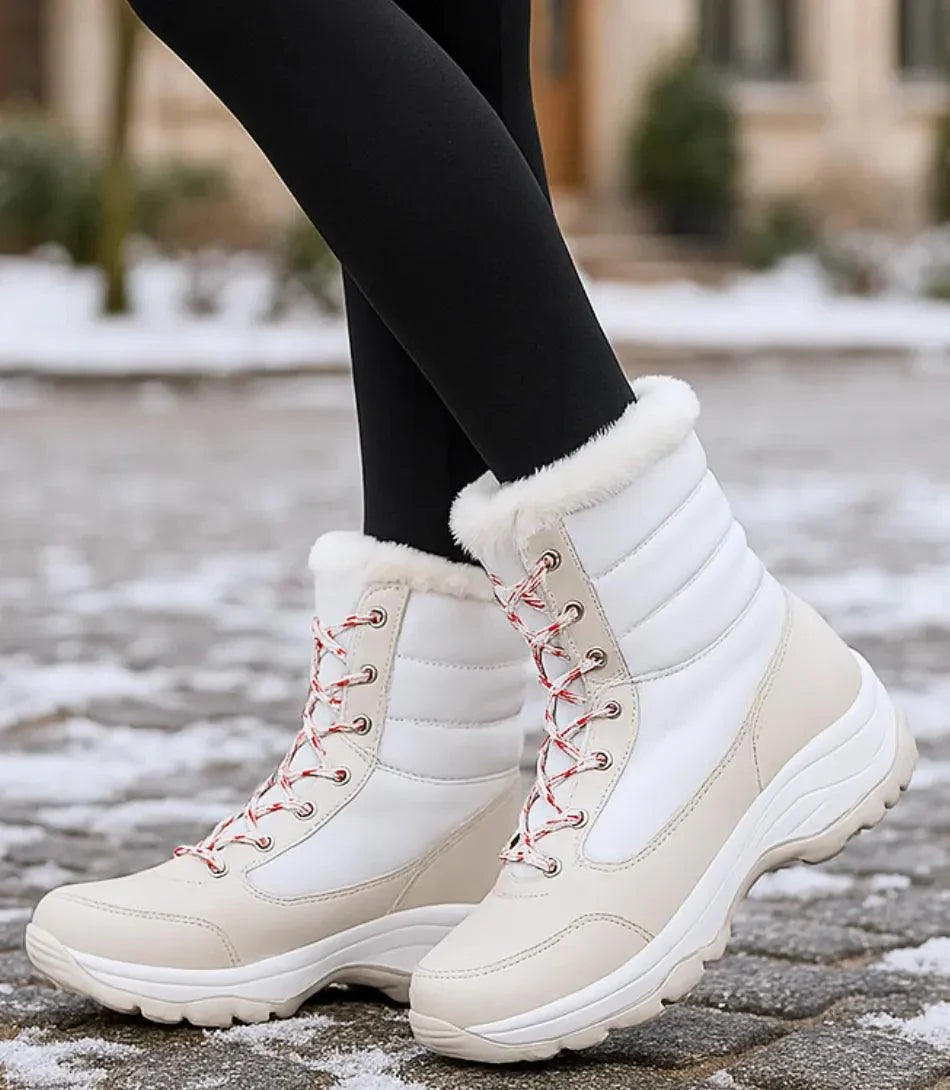 Dames waterdichte snowboots in zwart met bontkraag en vetersluiting, vooraanzicht