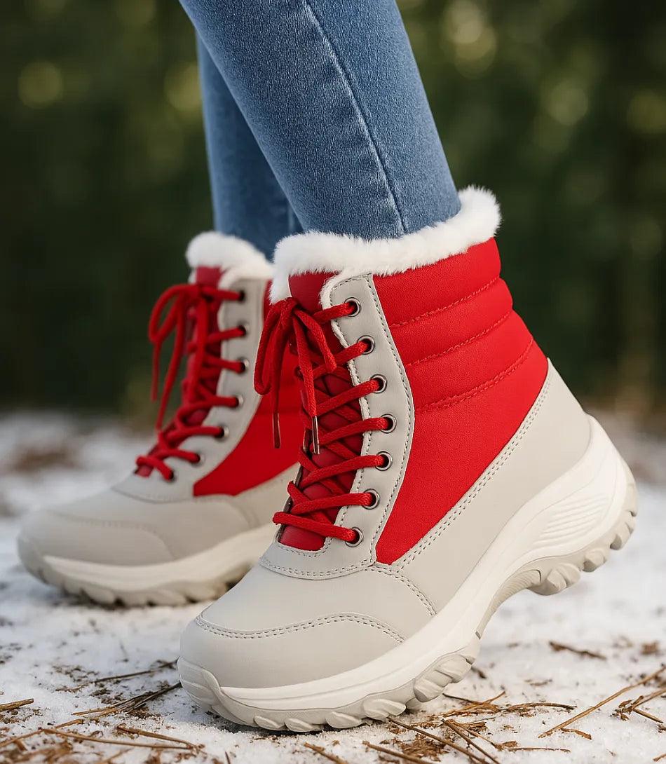 Rode dames snowboots met bontkraag en waterdichte gewatteerde schacht
