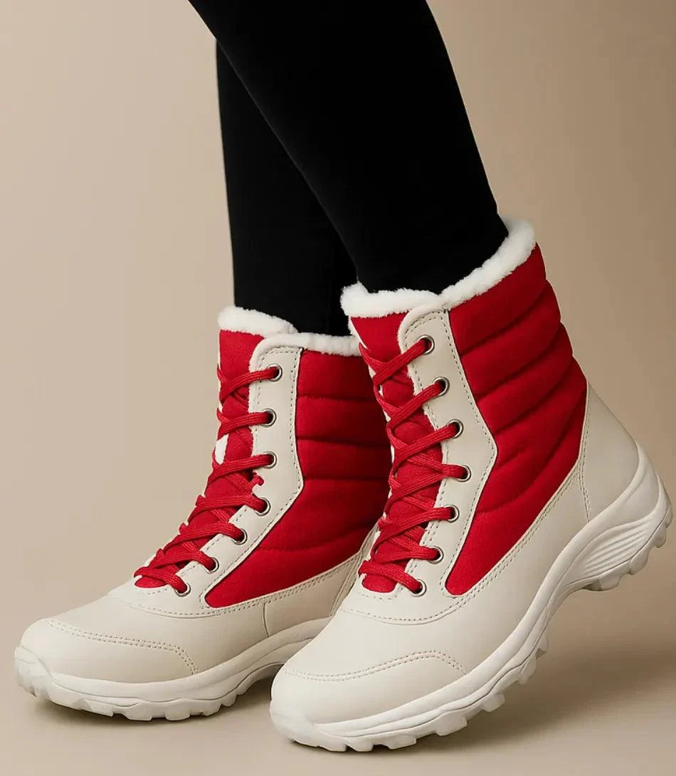 Detail bontkraag en vetersluiting dames waterdichte snowboots