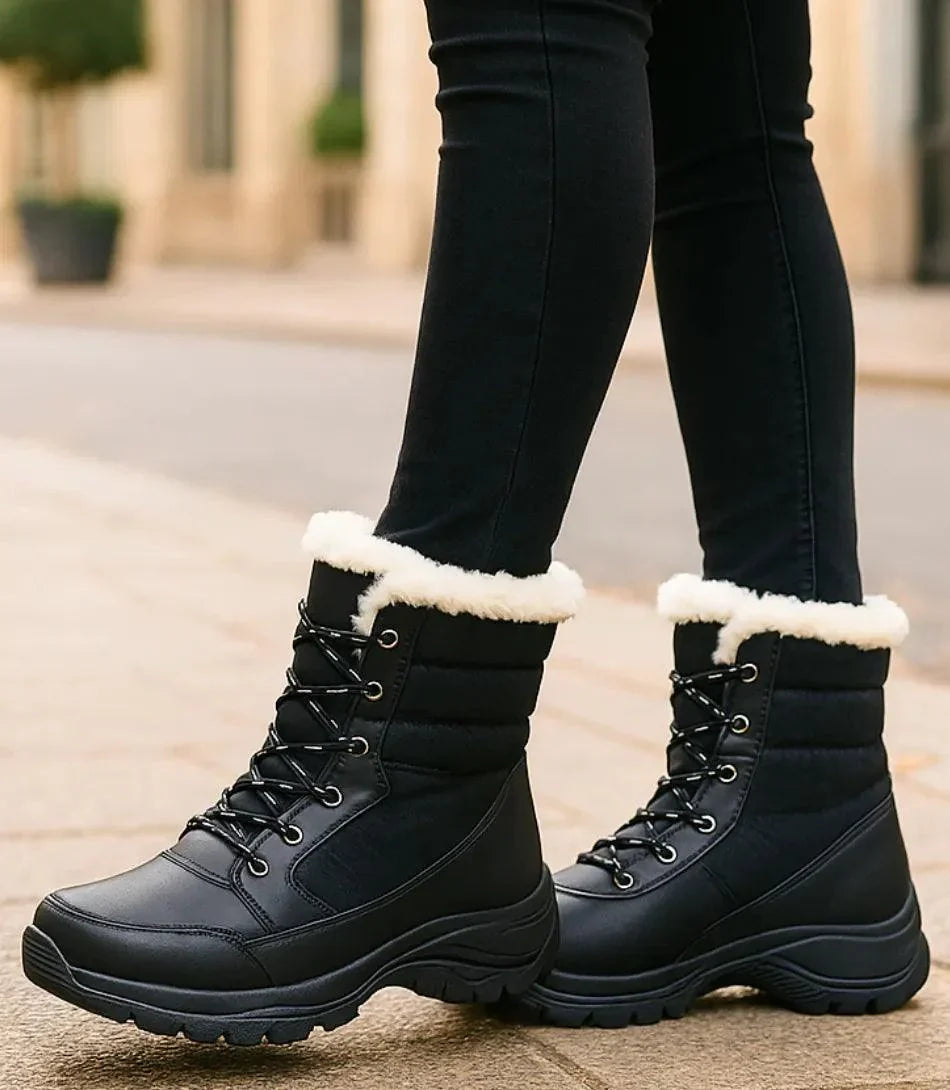 Lichtbeige winterlaars voor dames met antislip zool en bontrand