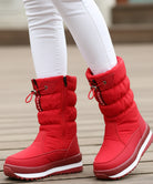 Celina dames waterproof puffer snowboots zwart met sherpa voering vooraanzicht