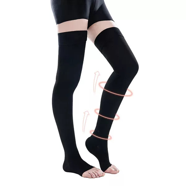 Dijhoge compressiekousen zonder teen in zwart en beige voor betere bloedsomloop en verminderde beenvermoeidheid