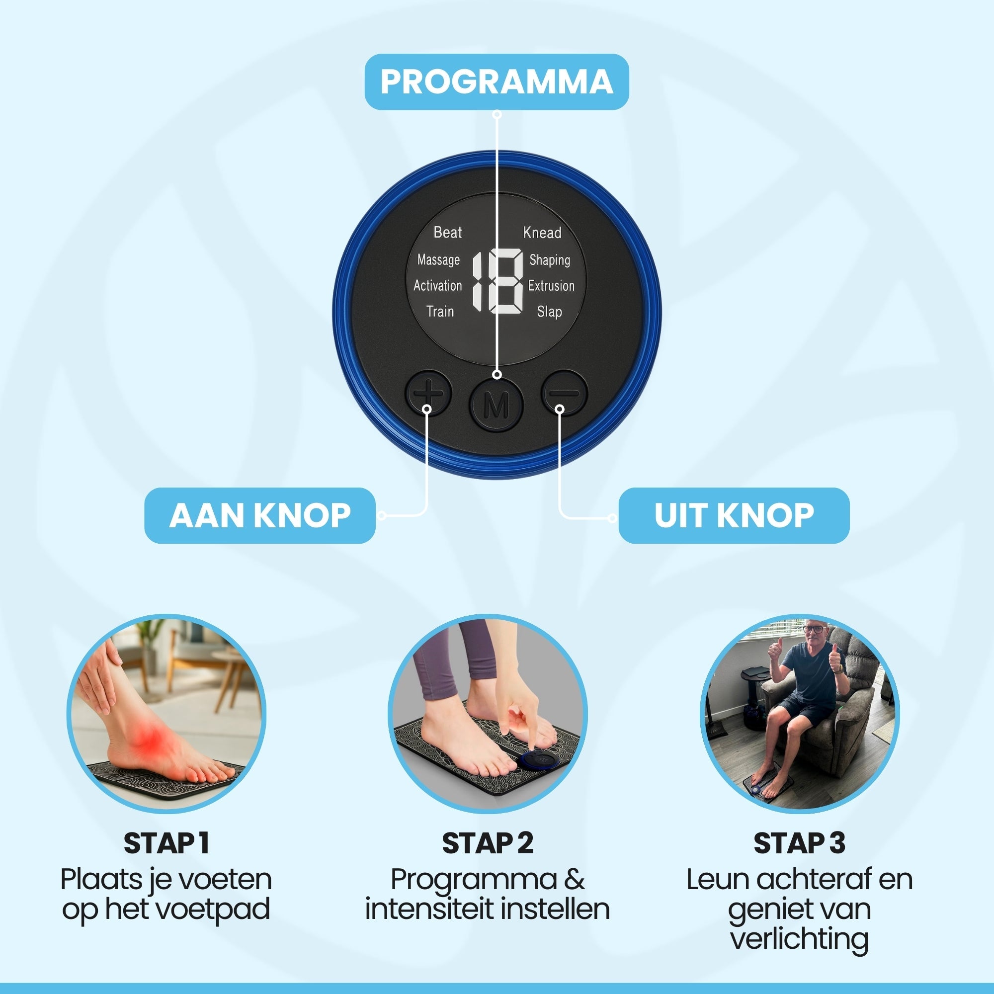Voetmassage apparaat in gebruik op beide voeten thuis