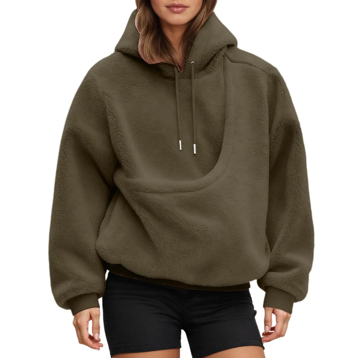 Fleece hoodie in beige met kleine hond comfortabel in de zak