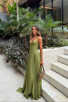 Groene geplooide corset maxi jurk voor dames, vooraanzicht
