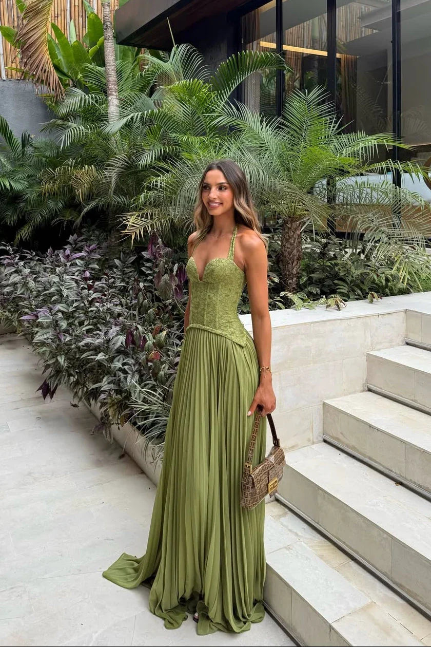 Groene geplooide corset maxi jurk voor dames, vooraanzicht