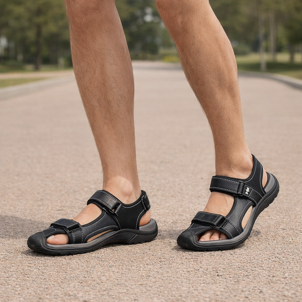 Rowan heren leren sandalen in zwart met antislip EVA-zool