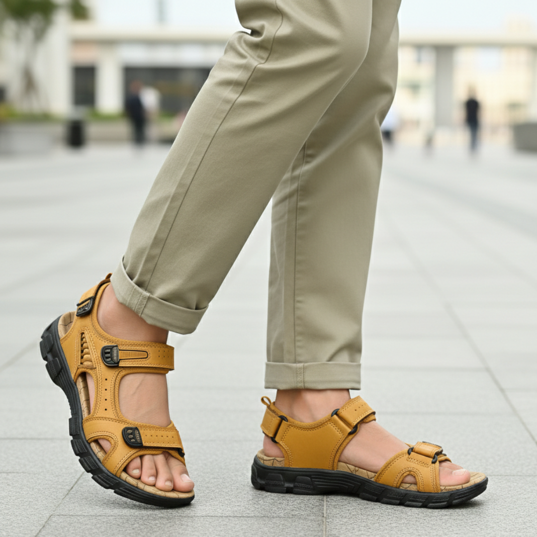 Zijaanzicht van Fenno heren sandalen met zichtbaar orthopedisch voetbed en voetboogondersteuning