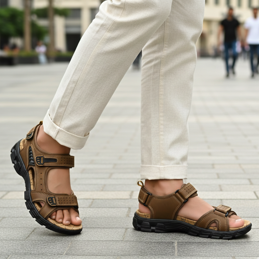 Bovenaanzicht van Fenno heren leren sandalen met open ademende pasvorm in donkerbruin
