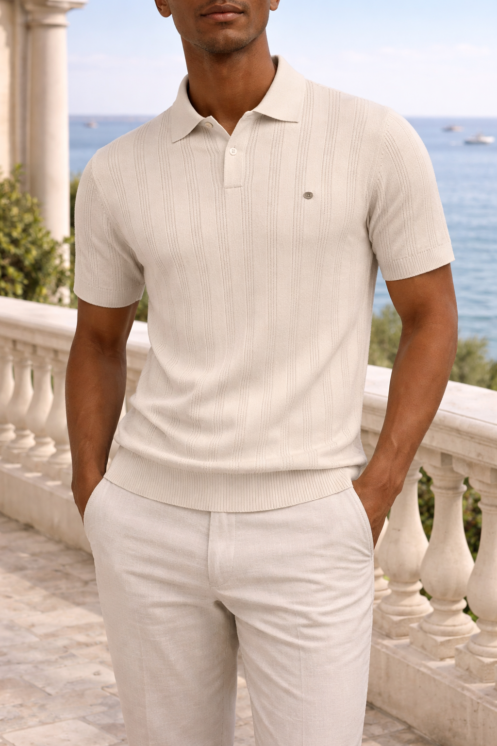 Beige heren poloshirt met ribboorden en nette afwerking