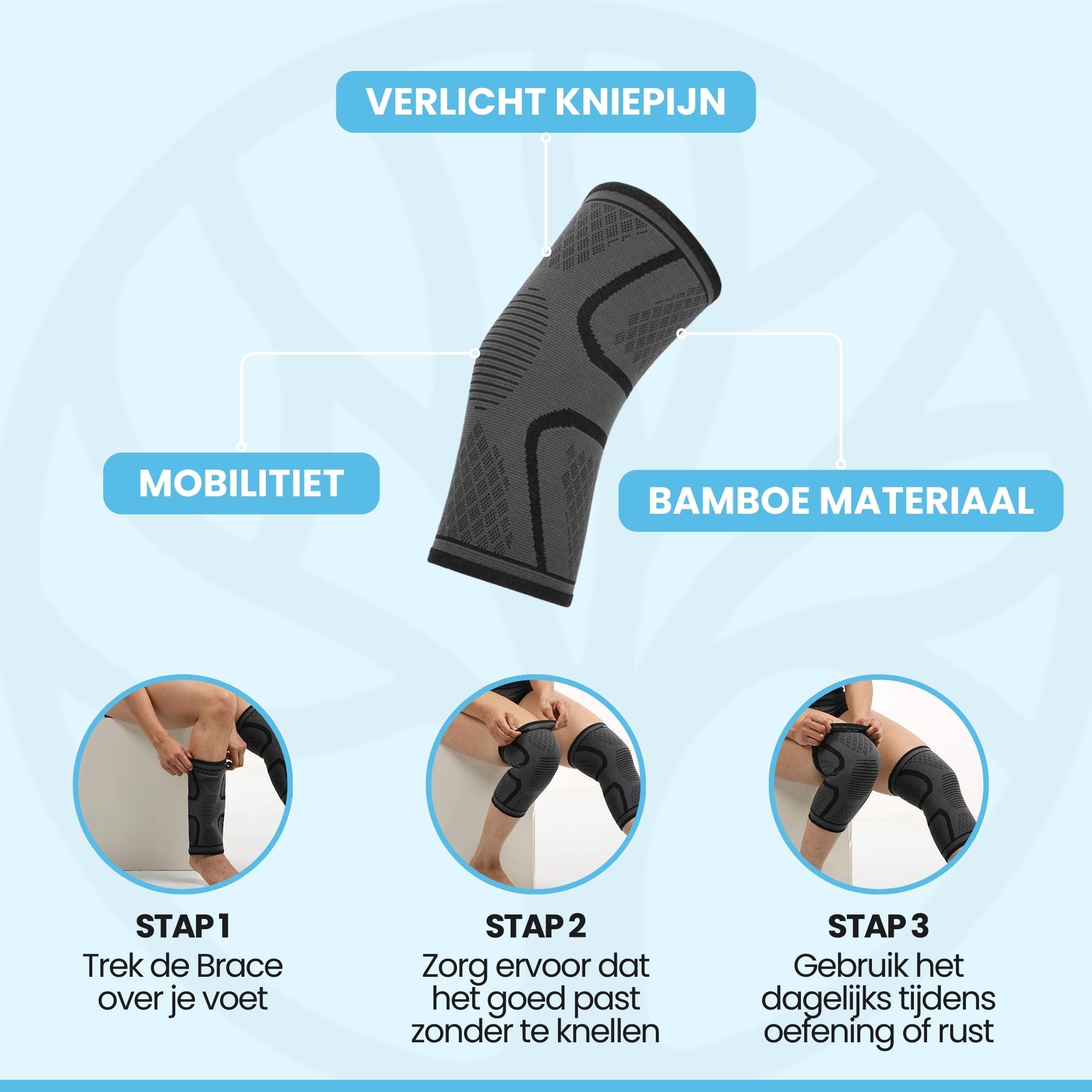 Kniebrace Knivo aan het been gedragen, vooraanzicht