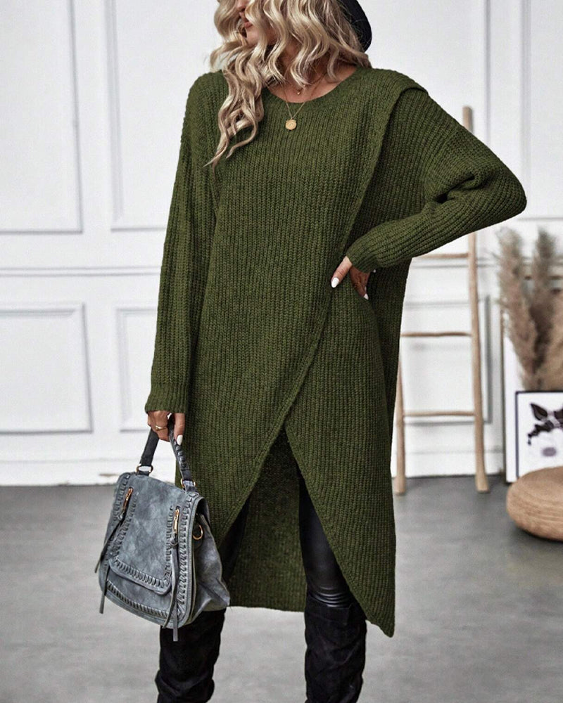 Trui-jurk bruin kniehoogte dropped shoulder casual stijl