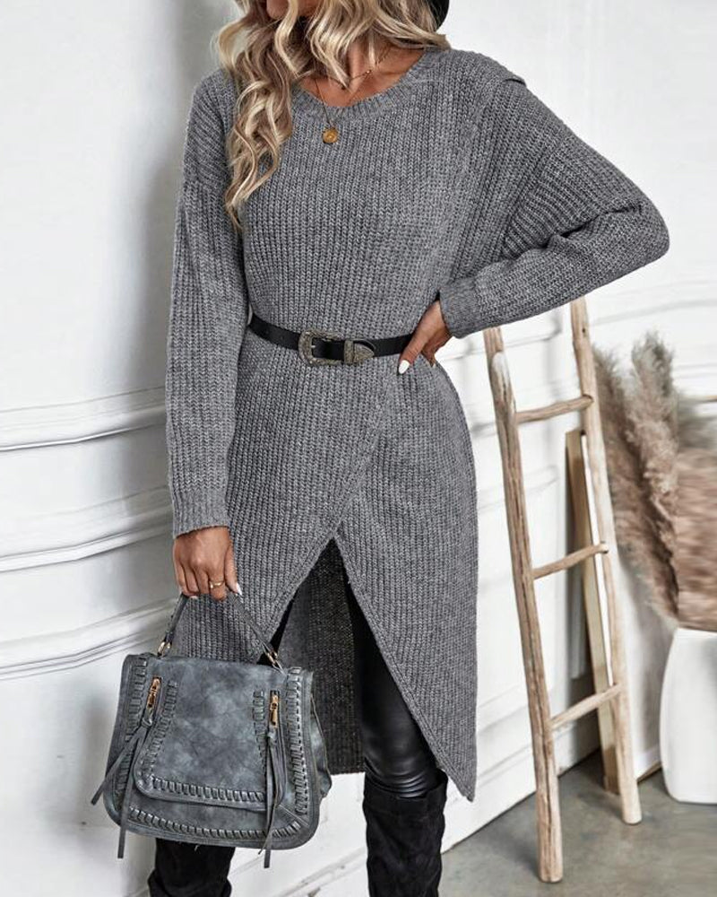 Grijze trui-jurk met ronde hals en dropped shoulder mouwen