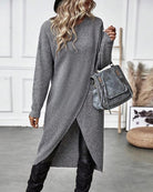 Dames trui-jurk grijs effen met geribde details en patchwork afwerking