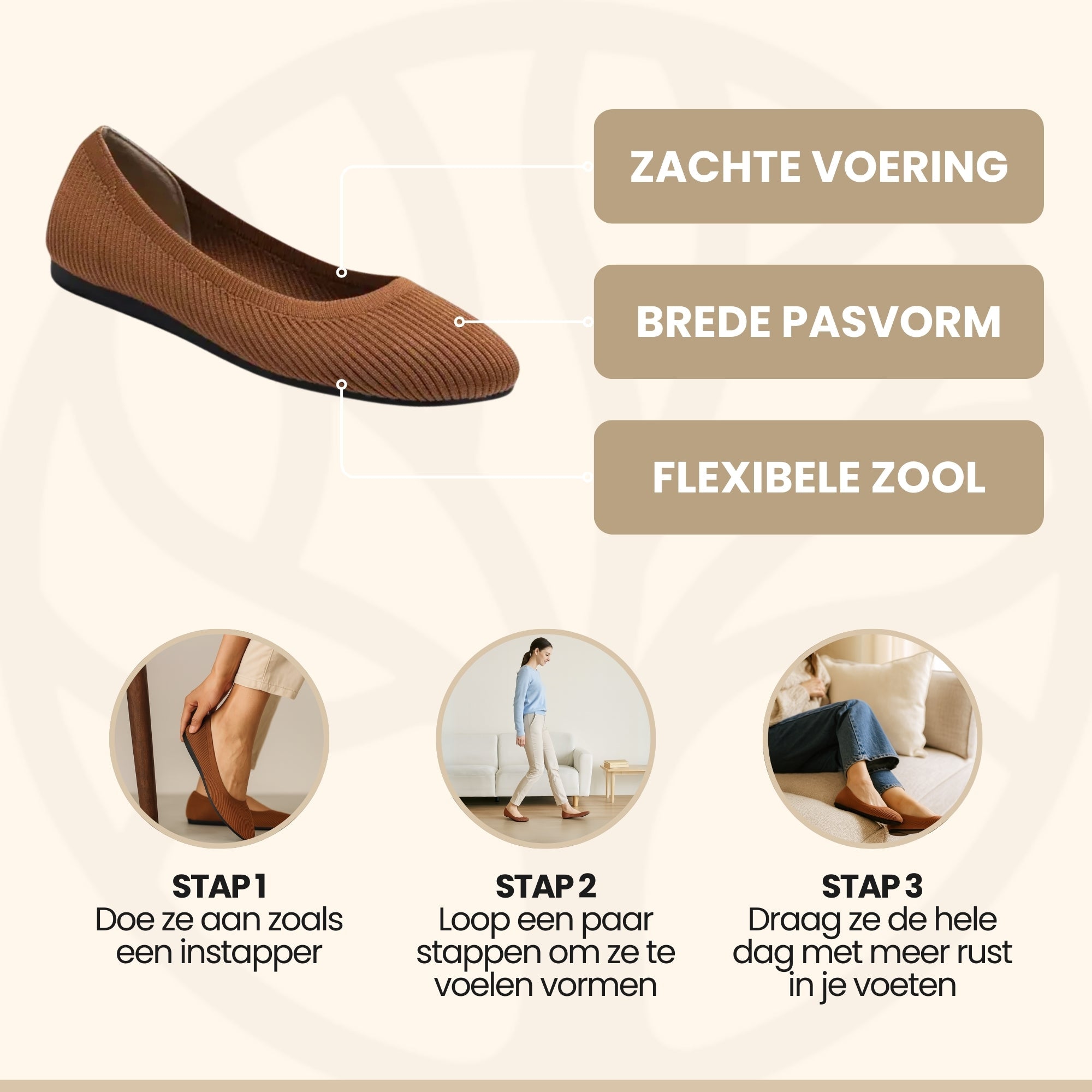 Zachte dames ballerina's met drukvrije pasvorm in bruin