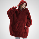Navy blauwe fleece hoodie deken - achteraanzicht met capuchon
