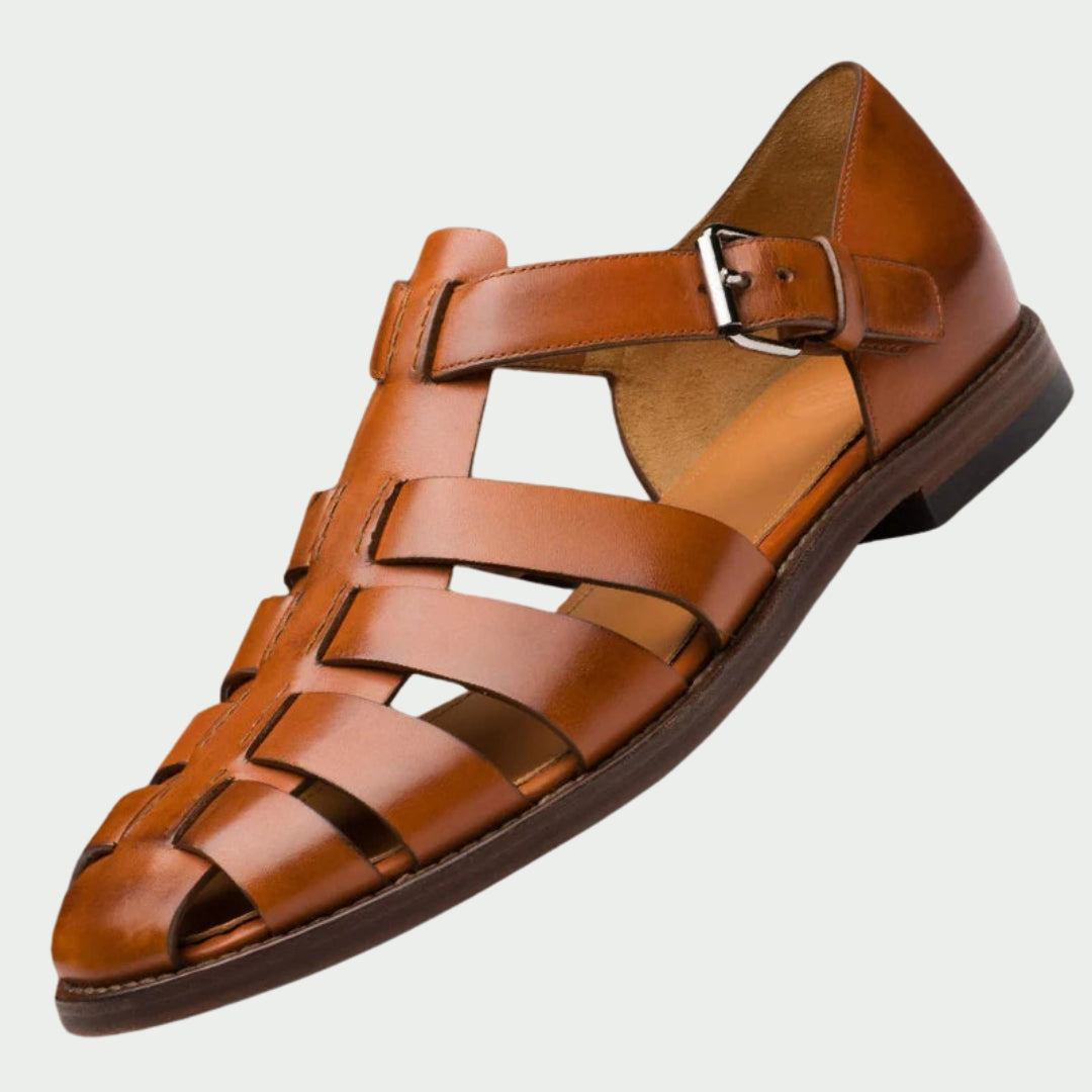 Platte heren sandalen gladiator stijl in bruin leer — Owen™