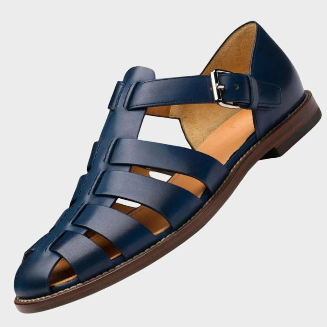 Platte leren sandalen heren — zwart gladiator model zomeraanzicht