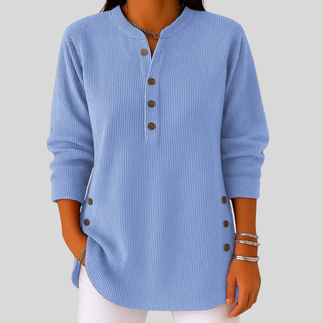 SERAPHINA™ ronde hals pullover dames blauw geribd knoop detail