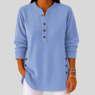SERAPHINA™ ronde hals pullover dames blauw geribd knoop detail