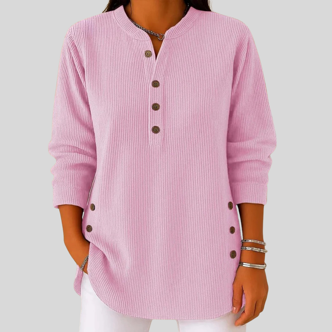 SERAPHINA™ pullover dames donkerblauw knoop detail vooraanzicht