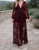 Dames maxi-jurk in bordeaux met elegant kanten ontwerp en V-hals