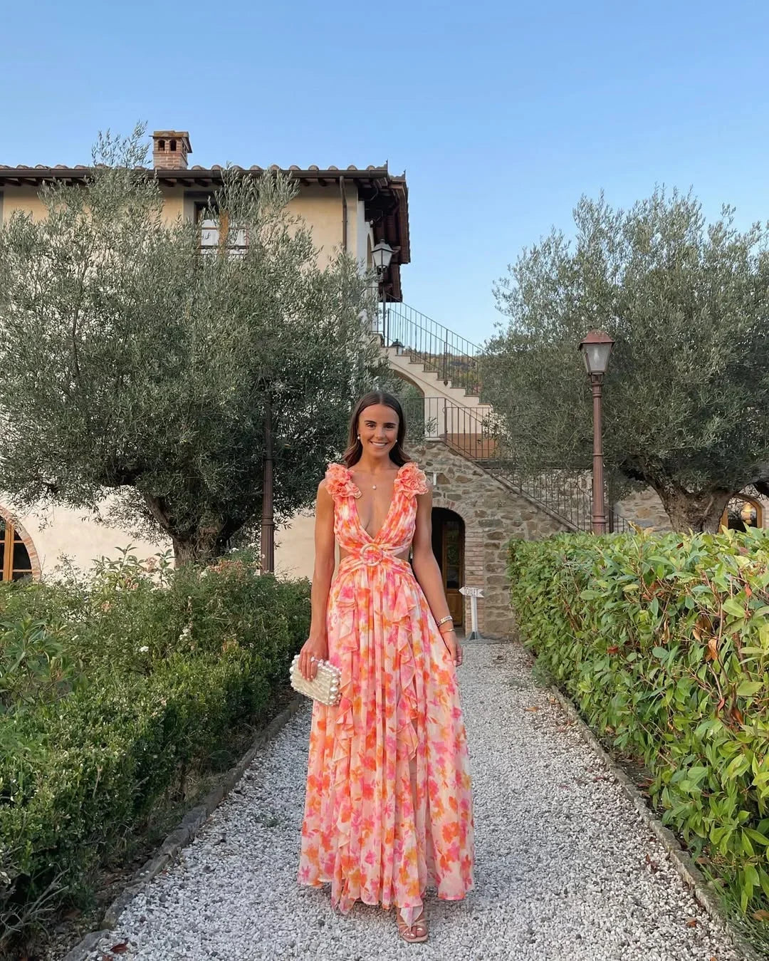 Rosalinde mouwloze maxi-jurk met bloemenprint in oranje