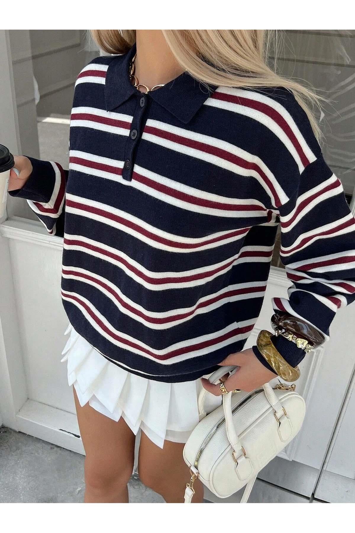 Selma dames gestreepte polokraag trui marineblauw voorkant