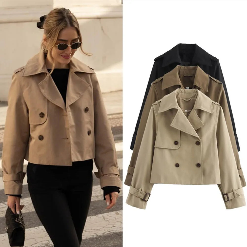 Vintage cropped jasje voor dames in khaki met dubbelrijige sluiting