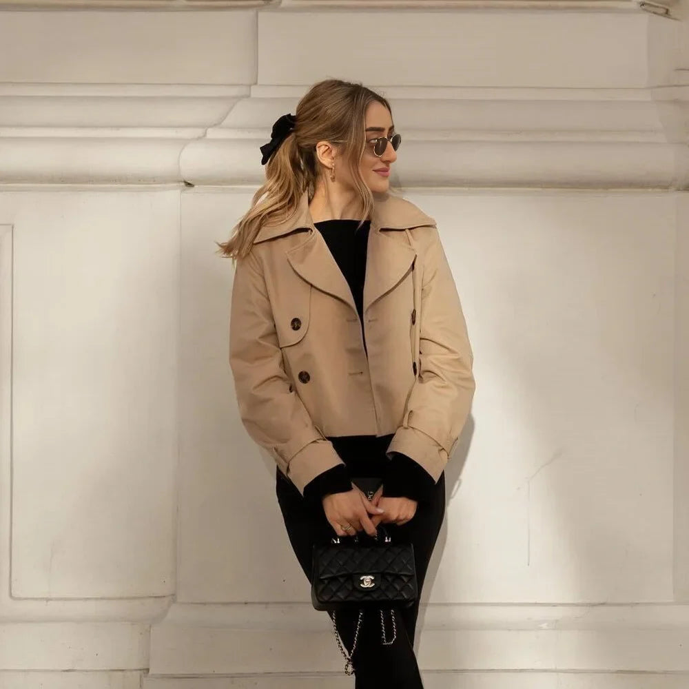 Dames cropped jasje bruin met omgeslagen kraag en volledige mouwen