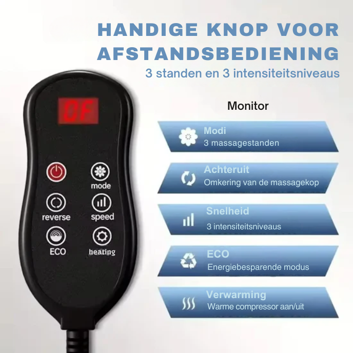 Detail van de instelbare intensiteitsniveaus op het voetmassageapparaat
